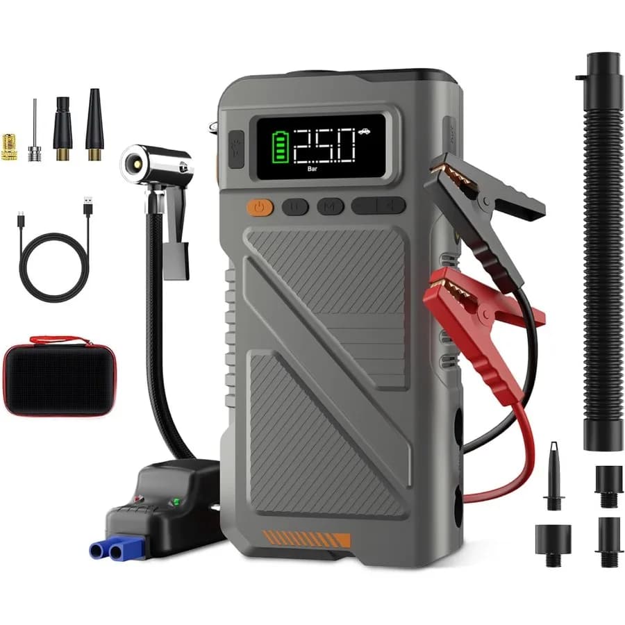 Avviatore di emergenza per auto portatile 9000A 9 in 1 con compressore d'aria per veicoli da 12 V che include tutti i motori diesel a gas e fino a 16 litri