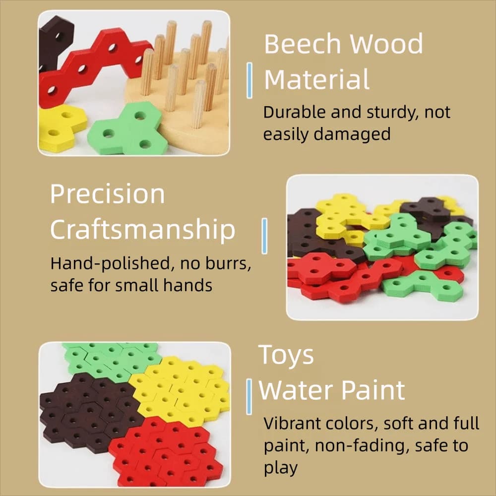 Puzzle 3D Creativo a Forma di Hamburger, Blocchi di Legno per l'Apprendimento dei Colori, Gioco Montessori di Impilamento Esagonale e Forme Geometriche
