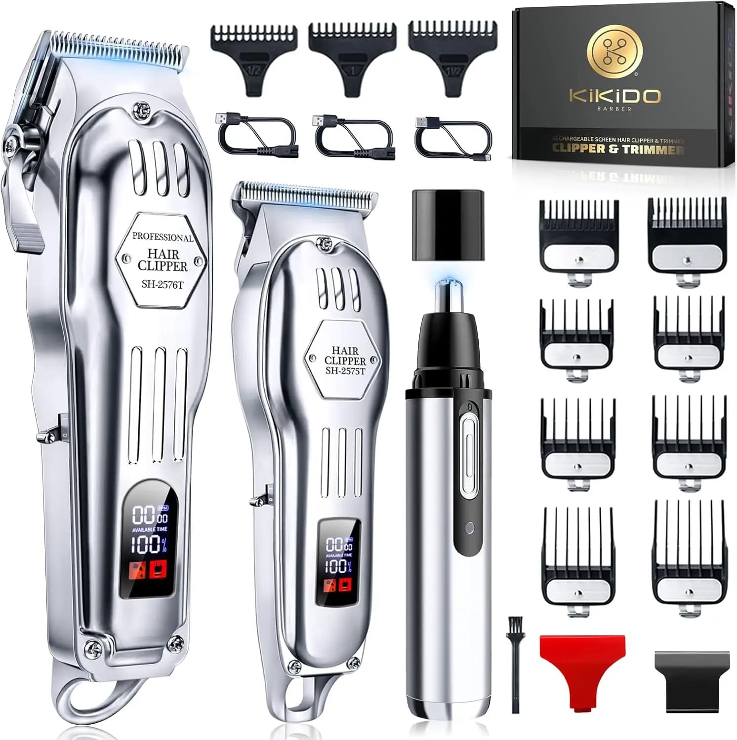 Professional Wireless Haircut Set for Men, Trimmer Rechargeable for Naso and Barba and Hair Cutting Kit (Silver)