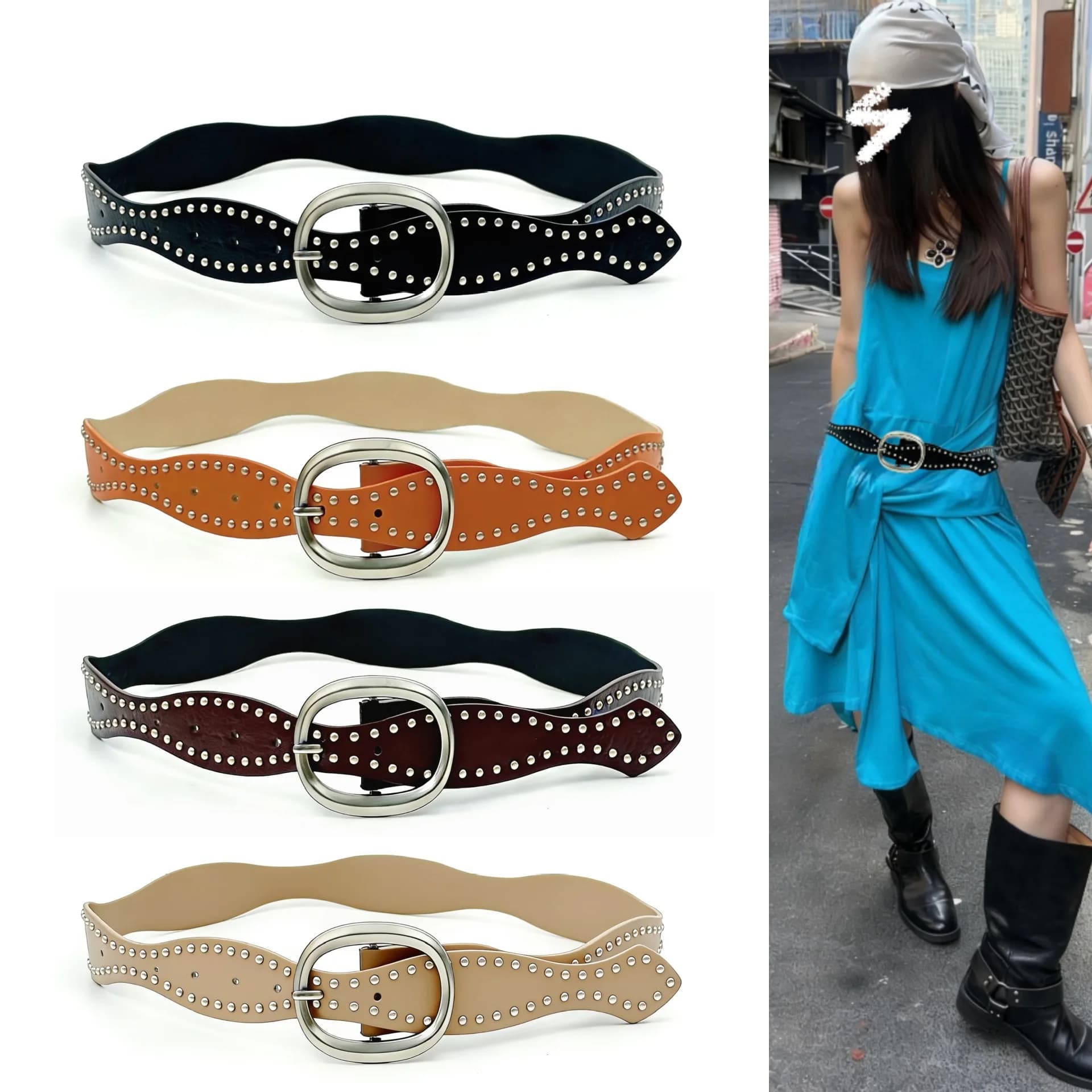 Bohemian Rivet Belt for Women, New Artistic Style, High-End Design, Niche Accessory for Dresses, Leather Belt