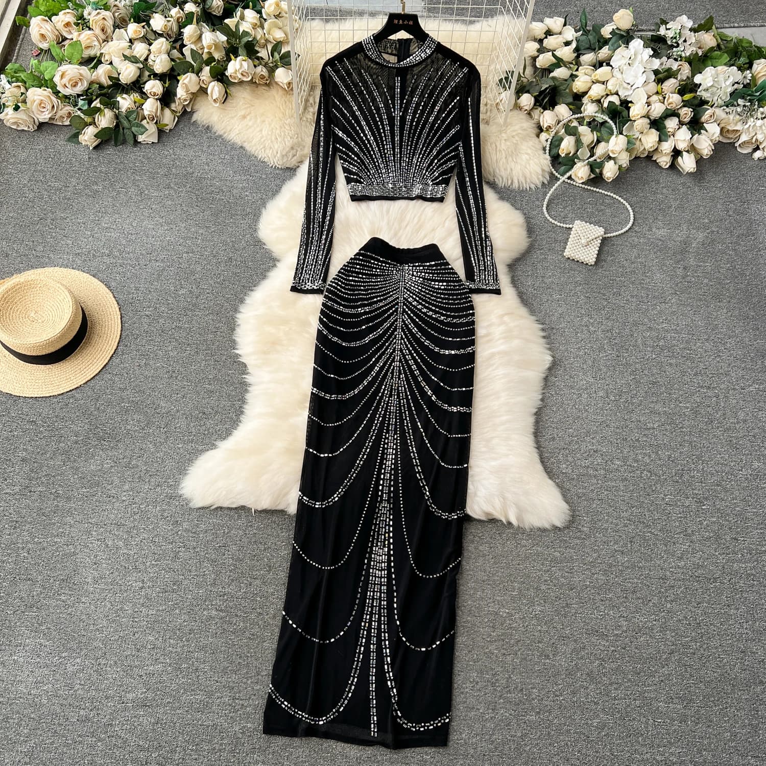 Elegant long sleeve see through mesh Dress Party Club Dress Korean Fashion Women Clothes Two Piece Set