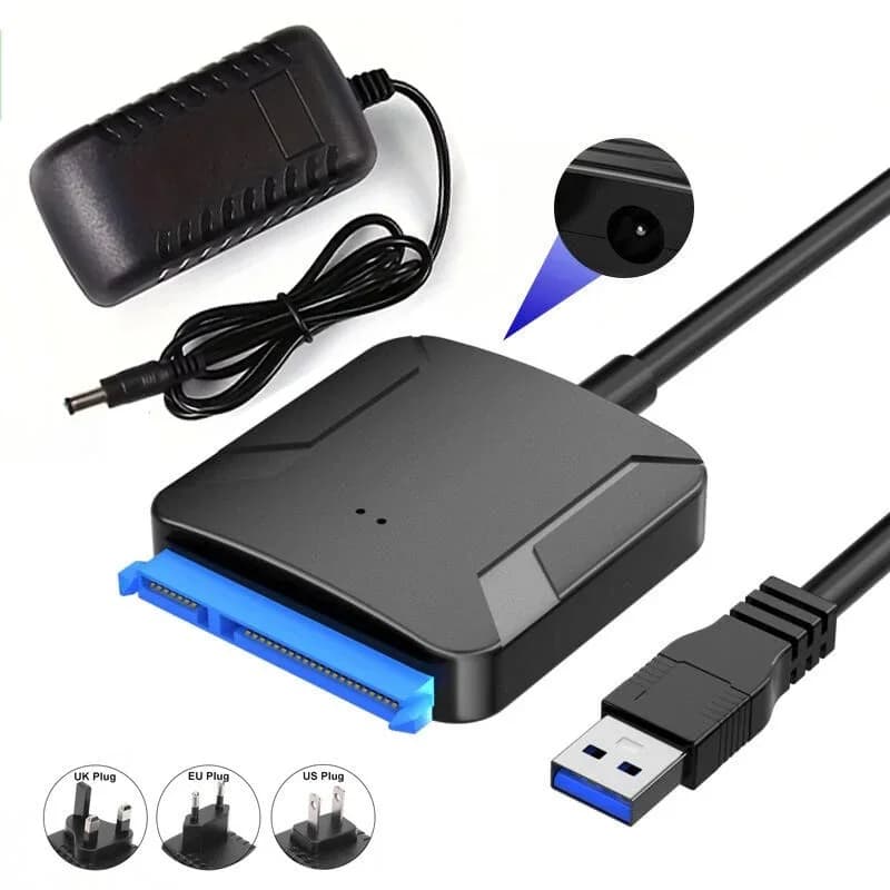 Hannord Cavo di conversione USB 3.0 a SATA Spina UE/USA/Regno Unito Supporto trasmissione veloce Adattatore per disco rigido HDD SSD esterno da 2,5/3,5 pollici