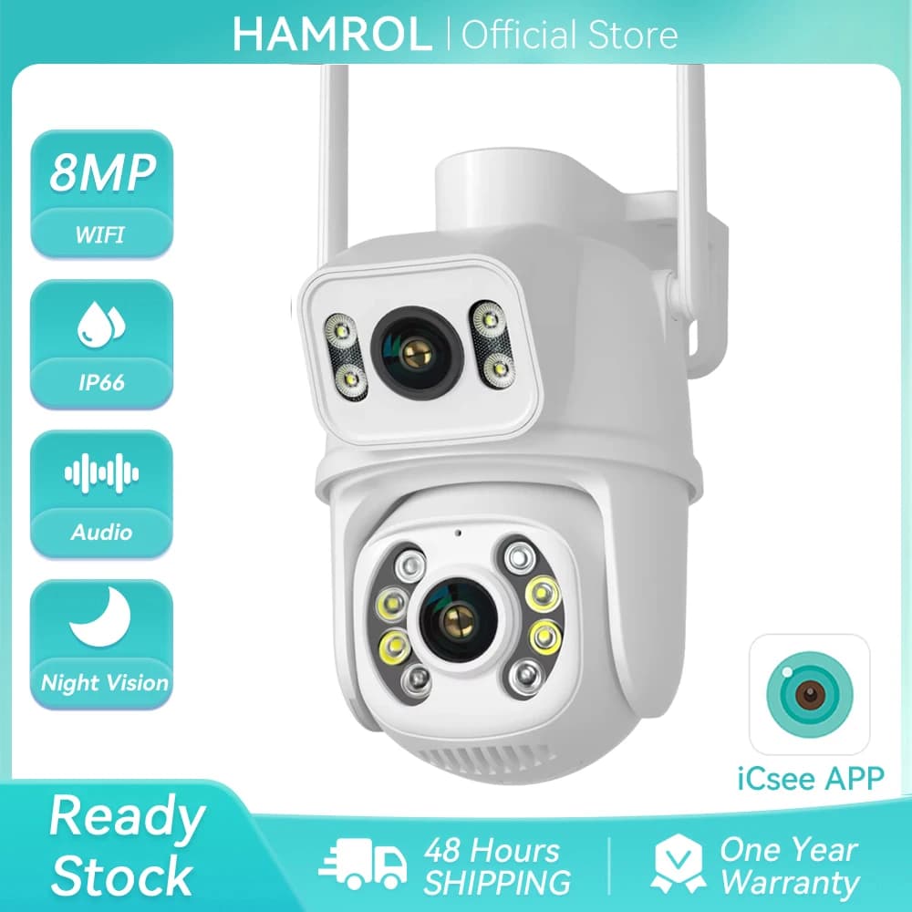 Telecamera PTZ WiFi HAMROL 4K 8MP a Doppia Lente e Doppio Schermo, H.265, IP66 Impermeabile, Visione Notturna, Rilevamento Umano, Audio Bidirezionale