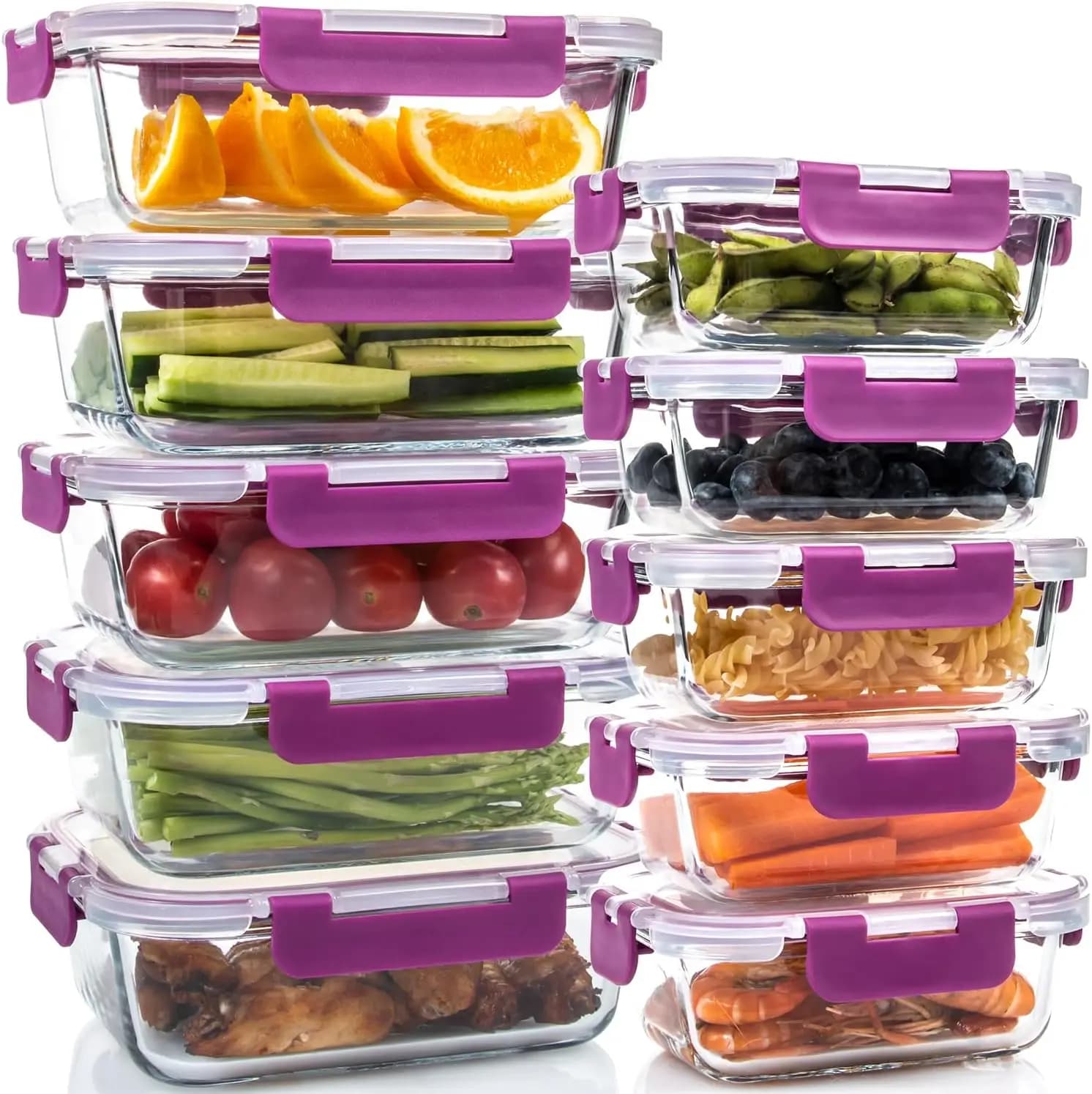 Set of 10 Glass Containers for Foods with Covers, Hermetics and Anti-loss, for Lunch, Takeaway, Avanzi