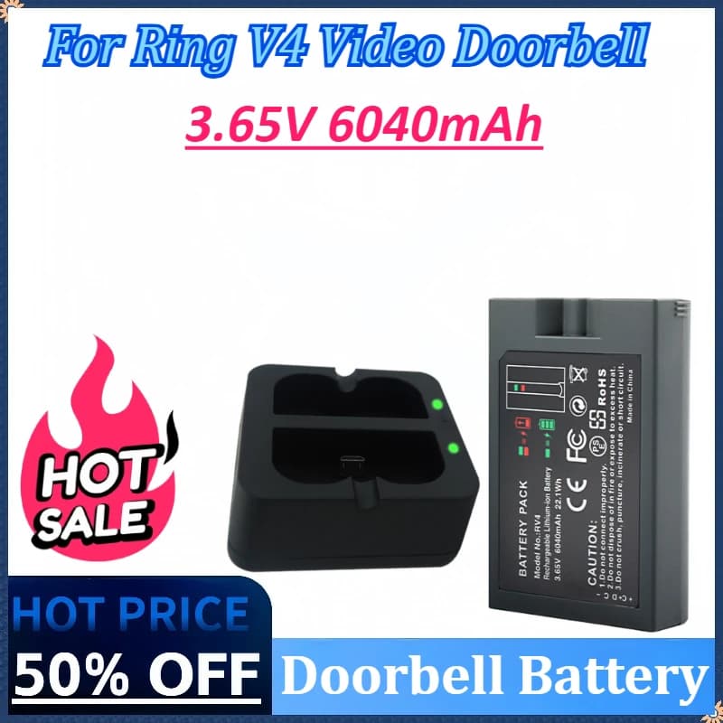 Batteria RV4 da 3,65 V 6040 mAh per campanello video ad anello 2/3/4 Anello Stick Up Cam solare Sostituisci campanello V4 3 Plus Faretto Cam Sostituisci