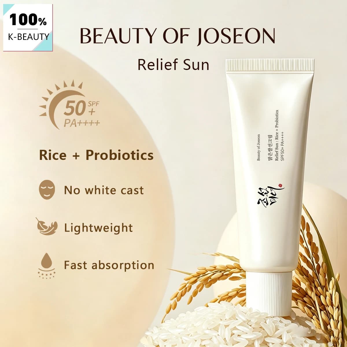 Beauty of Joseon Relief Sun: Rice+Probiotics SPF50+ PA++++ 50ml, Comfortevole da indossare, Facile da spalmare, Skincare coreana, Make-up coreano