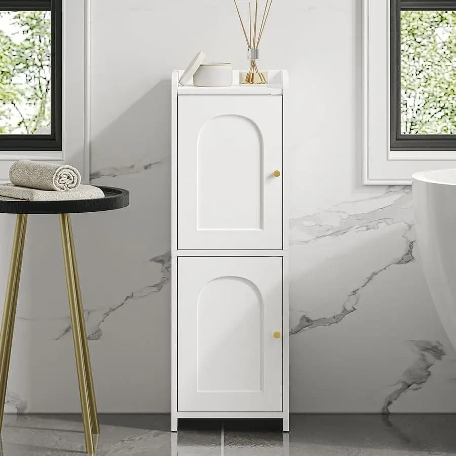 Mobiletto portaoggetti, piccolo mobiletto angolare da terra con 2 ante e ripiano regolabile, mobiletto stretto per carta igienica, organizer da bagno