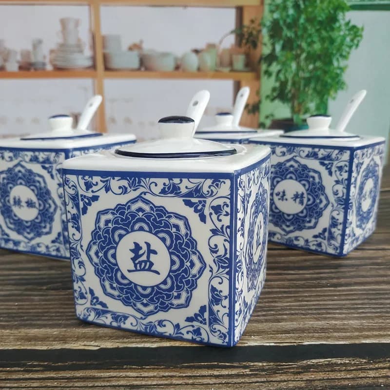 Saliera e pepe in ceramica classica cinese Barattoli di spezie in porcellana bianca e blu Set di contenitori Organizzatore di condimenti da cucina