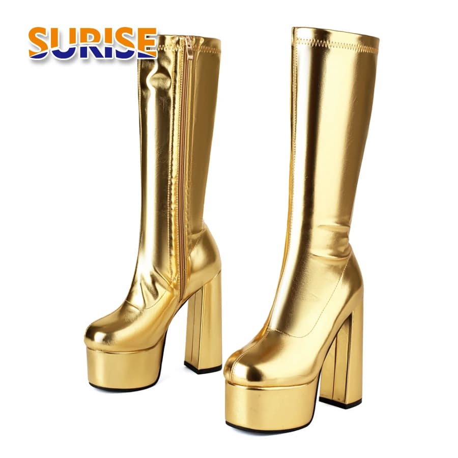 Stivali alti al ginocchio dorati Stivali da donna sexy con tacco spesso argento metallizzato Abito da festa Stivali lunghi con cerniera elasticizzata con punta tonda da donna invernale