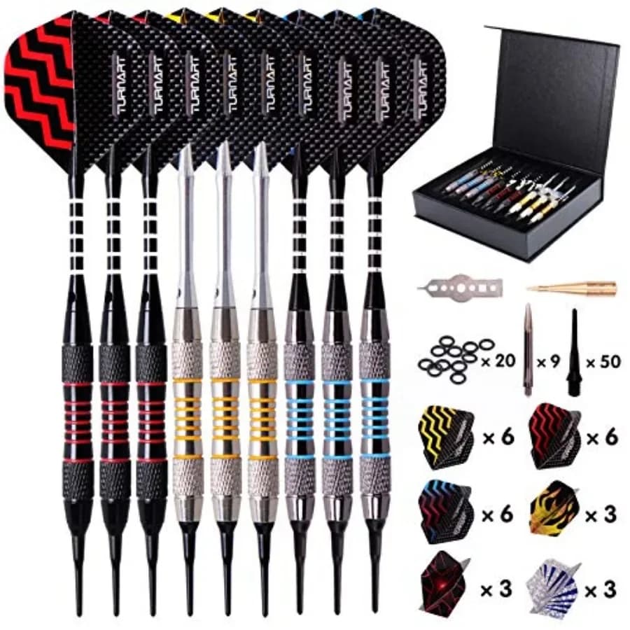 Freccette con Punta in Plastica - Set Professionale di Freccette con Punta Morbida per Bersaglio Elettronico, 9 Pezzi, 18 Grammi, con 50 Punte Extra, 9 Aste, 27 Alette