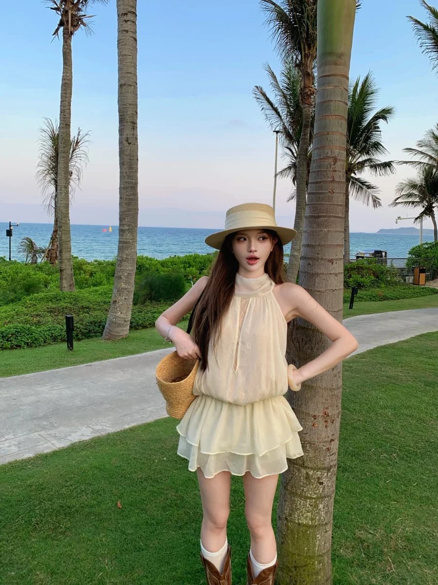 Cherry Blossom Lace Shoulder Bared Neckline A-Line Dress Women's Summer Slimming Korean Style Sweet Holiday Short Dress