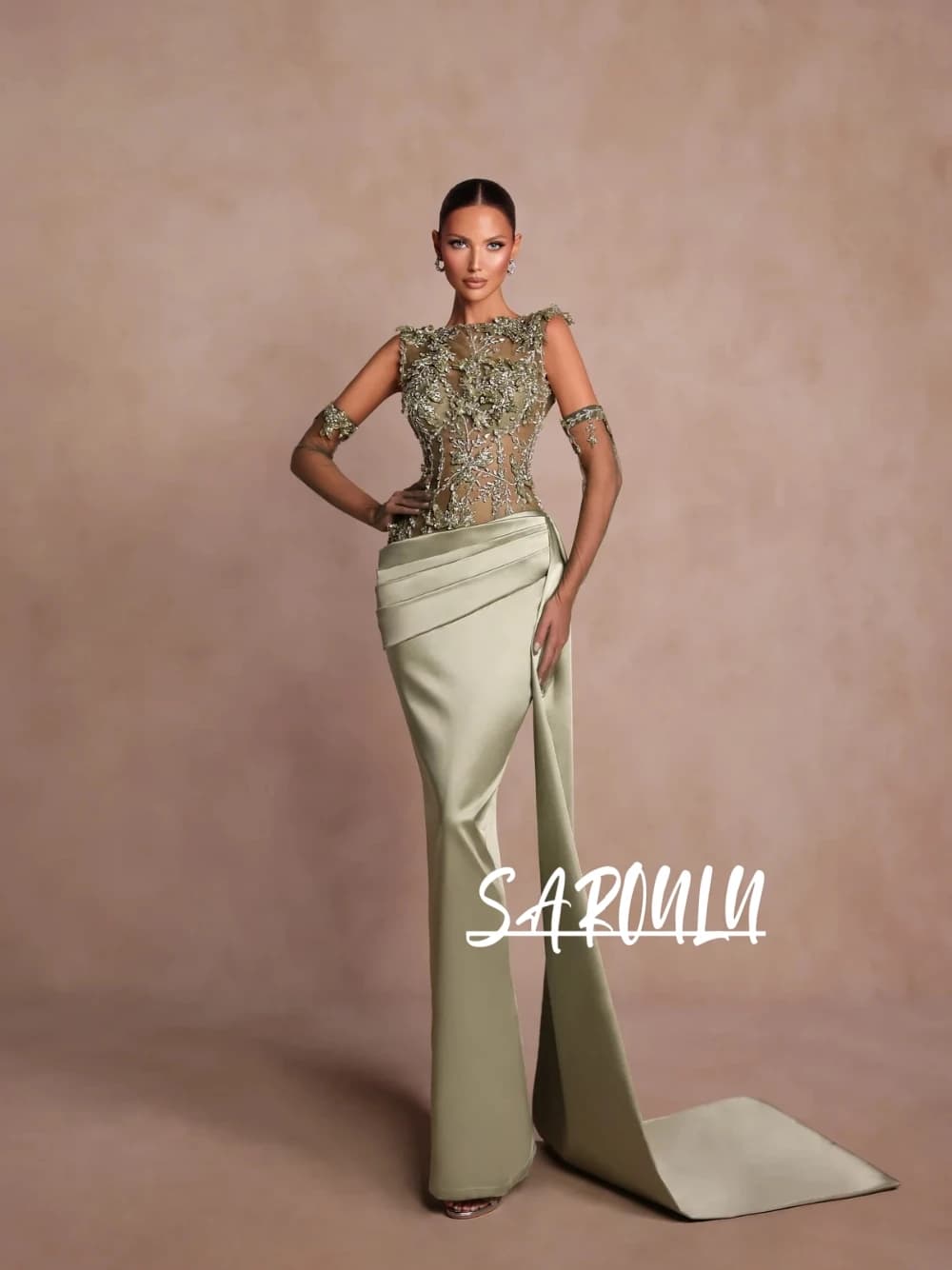 Elegant Satin Mermaid Evening Gown Sage Handmade Beaded Embroidery Illusion Bodice Floor Length Formal Prom Dress Customized