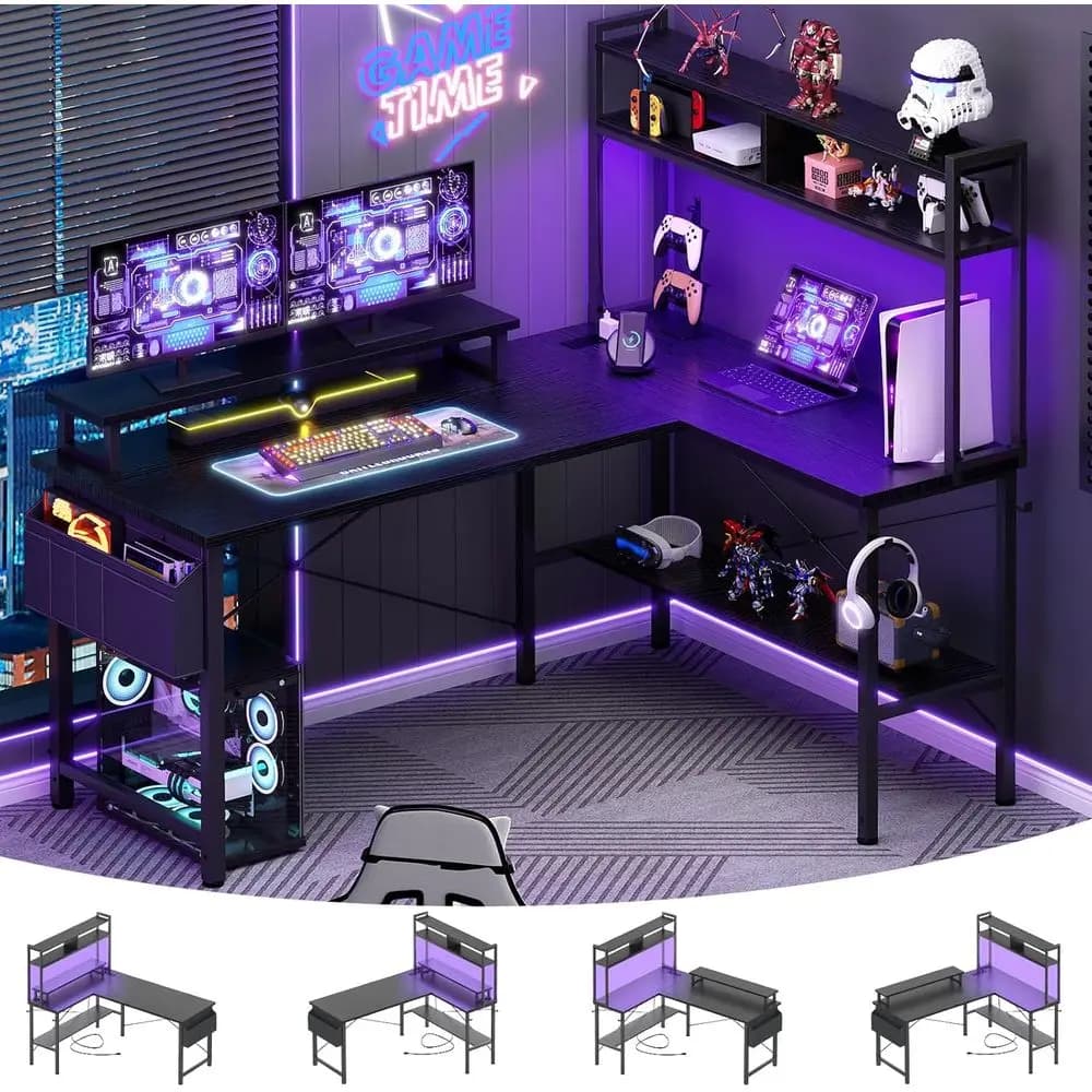 Scrivania da Gaming a L con Prese di Corrente e Luci LED, Scrivania a L Compatta con Supporto Monitor e Ripiano Portaoggetti, per Casa
