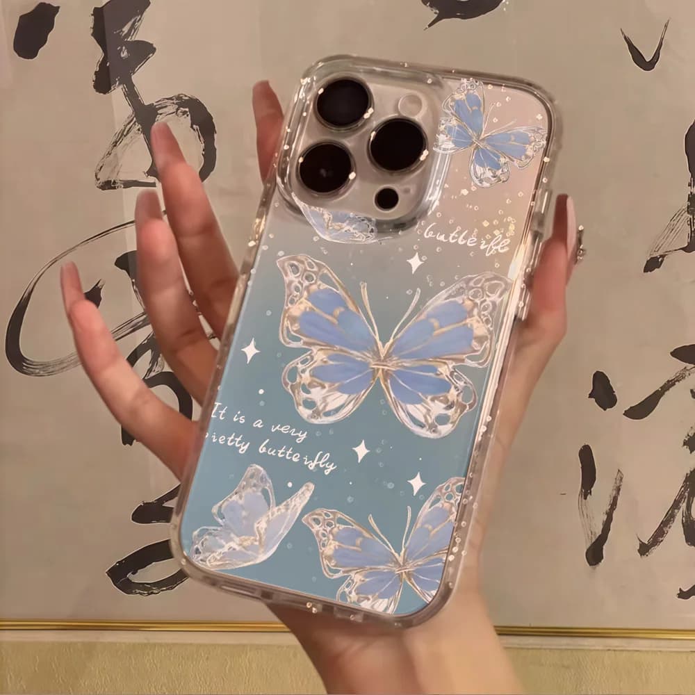 Luxury Blue Butterfly Clear Glitter Phone Case For iPhone 17 13 16 15 11 12 14 Pro Max XR 17 Air 16e Case Soft Shockproof Cover