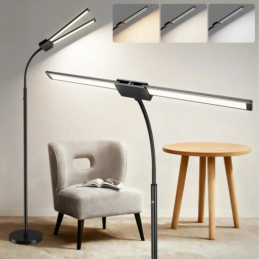 15W Rechargeable LED Ground Lamp with Double Gooseneck Adjustable Head, Reading Light, 8000mAh Battery, Touch Control, Waterproof IP54