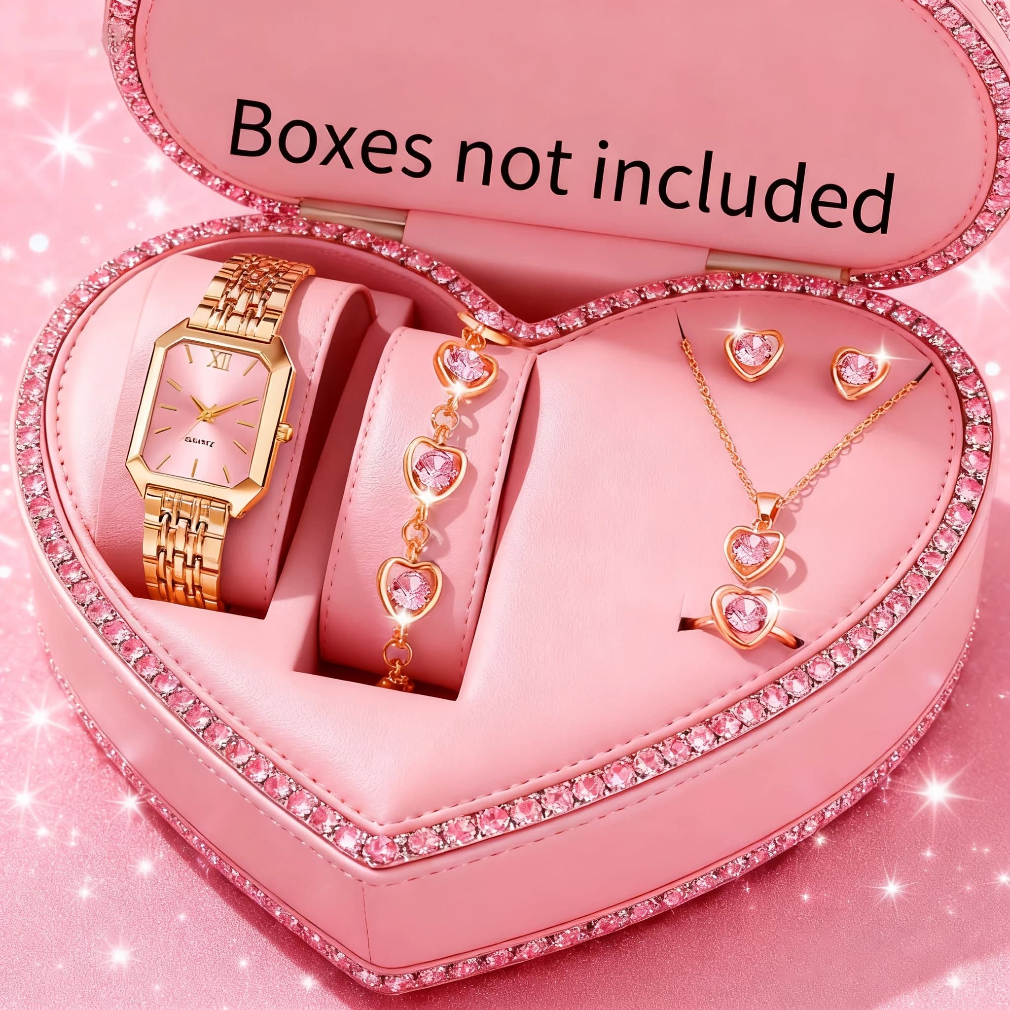 6 pieces/set Elegant rectangular women's watches with heart shaped pendant, jewelry set, women's quartz wristwatch, Reloj Mujer (without box)