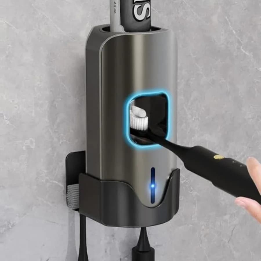Dispenser Automatico di Dentifricio da Parete - Erogatore Intelligente Senza Contatto con 3 Livelli Regolabili e 2 Porta Spazzolini