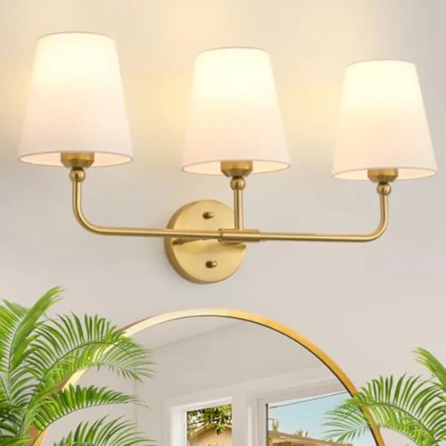 Lampada da Bagno a 3 Luci, Illuminazione per Specchio da 24,5 Pollici con Paralume in Tessuto Bianco Svasato, Stile Moderno