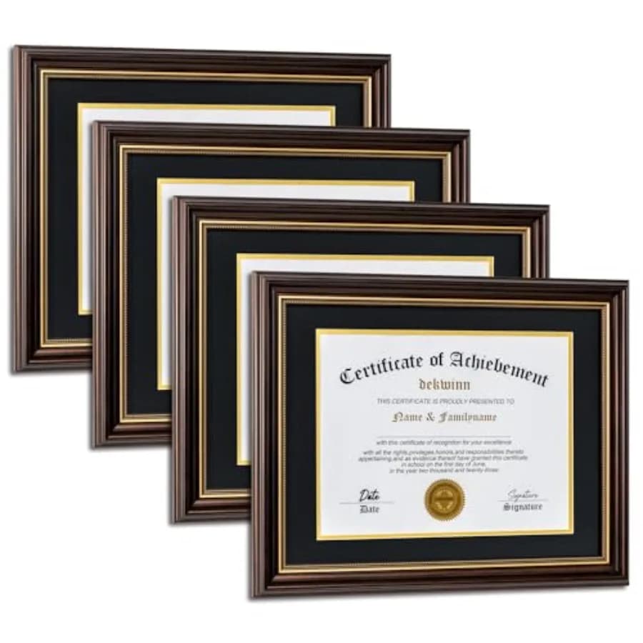 Cornici per diplomi con o senza passepartout, set da 4, marrone rossiccio/ornamenti dorati, cornice per certificati/documenti/foto, vetro vero, nero/oro