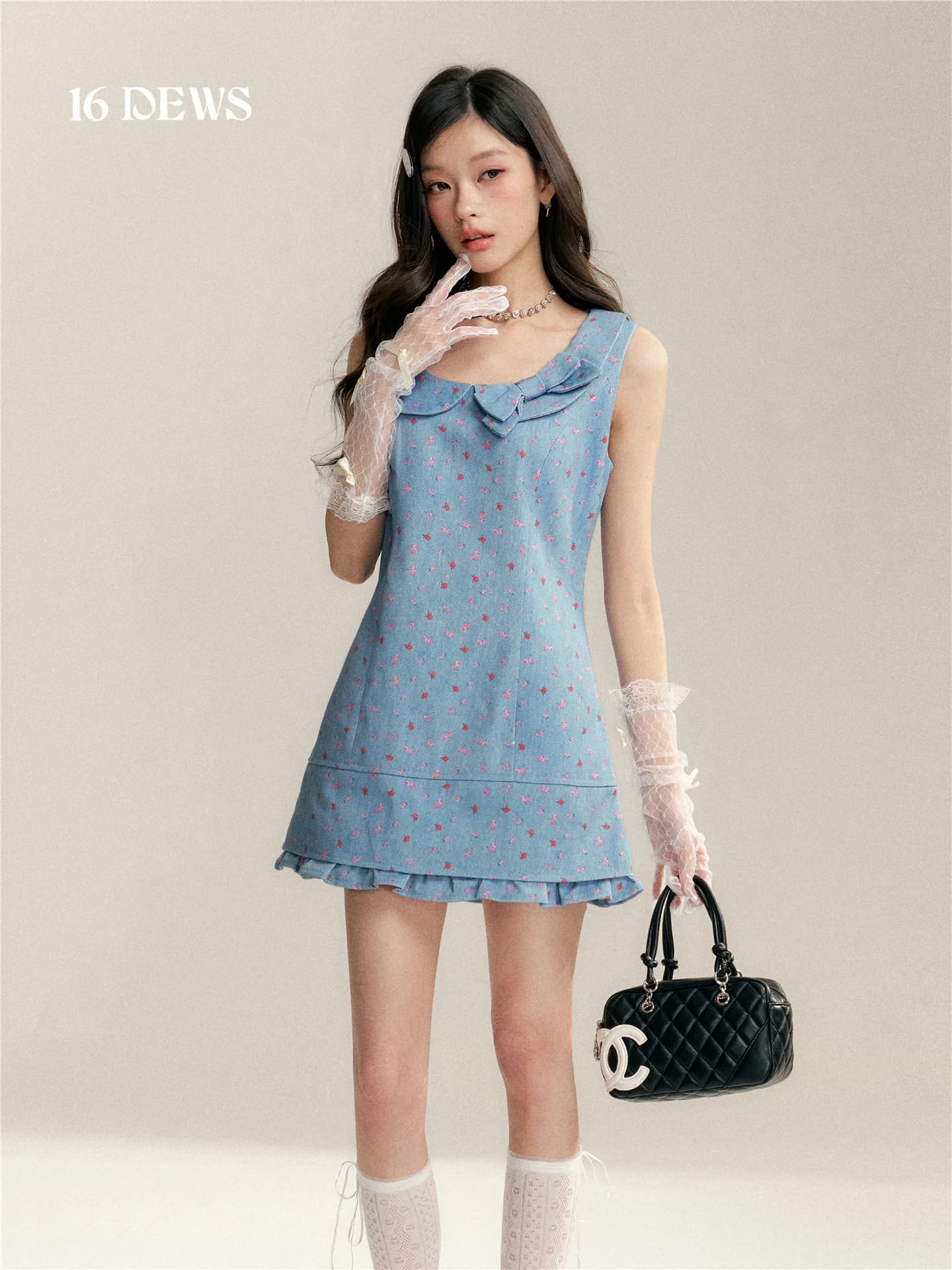 Abito estivo casual da donna 16DEWS con stampa floreale, colletto a bambola, linea ad A, dettaglio fiocco, stile dolce.