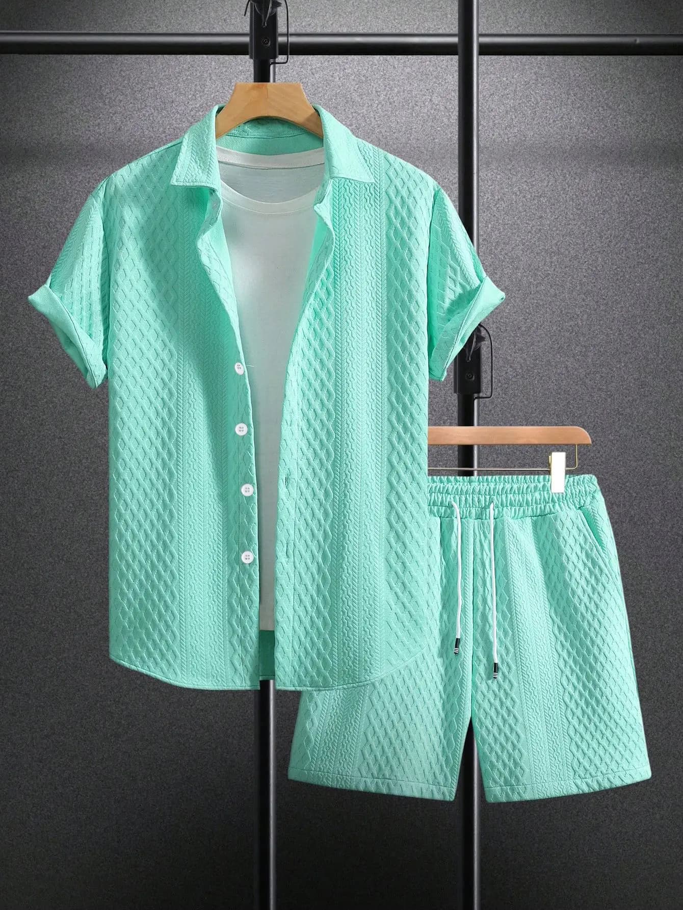 Summer New Men's Casual White Sportswear Shirt with A Lapel Men's Short-sleeved Button Shirt and Shorts Jacquard Texture Suit