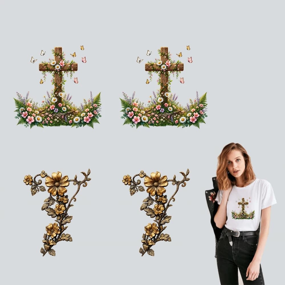 4PCS DIY iron on transfers, 25cm/9.84in, Floral Cross Design Easy to transfer heat, suitable for T-shirts, washable stickers