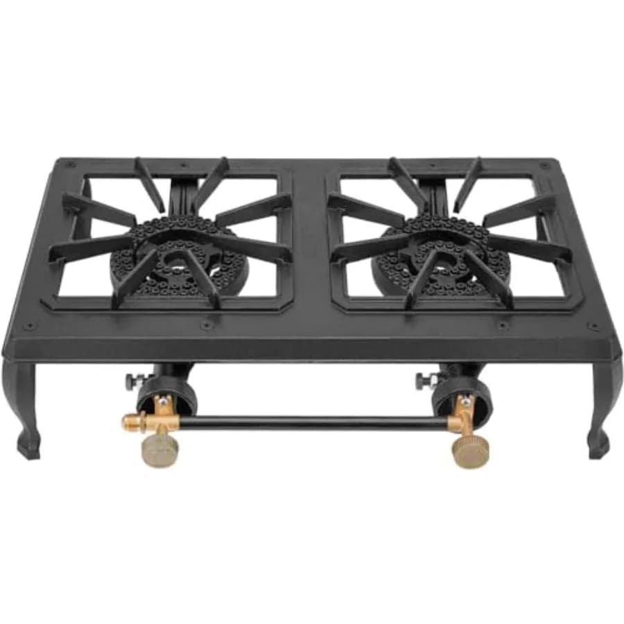 Onlyfire Cast iron camping stove with 2 fires Gas cooker for outdoor camping Barbecue Grilling Tailgating Hiking Duration