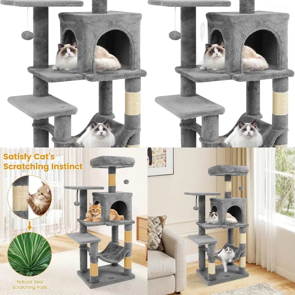 Albero per Gatti a 44 Livelli Grigio con Pali in Sisal, Doppio Condominio, Amaca, Palline e Piattaforma Superiore per Gioco e Riposo al Chiuso