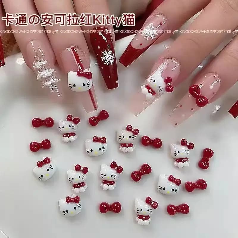 50 Pezzi Decorazioni per Unghie Hello Kitty Rosse, Mix di Cuori 3D e Fiocchi, Accessori per Nail Art per una Manicure Elegante e Adorabile