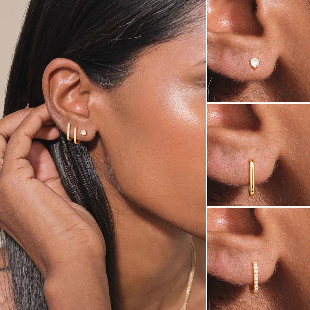 3PCS Fashion 18K Gold Plated Zircon Ear Stud Earrings Set for Women Gold Plated U-Shape Hoop Earring Girl Piercing Jewelry Gift