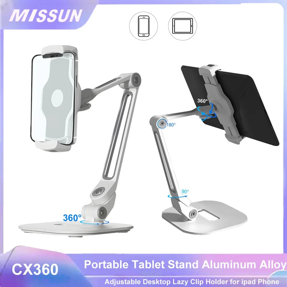Supporto per tablet portatile in lega di alluminio con rotazione a 360 gradi, capacità di carico di 1 kg, supporto per clip pigro da tavolo regolabile pieghevole per telefono iPad