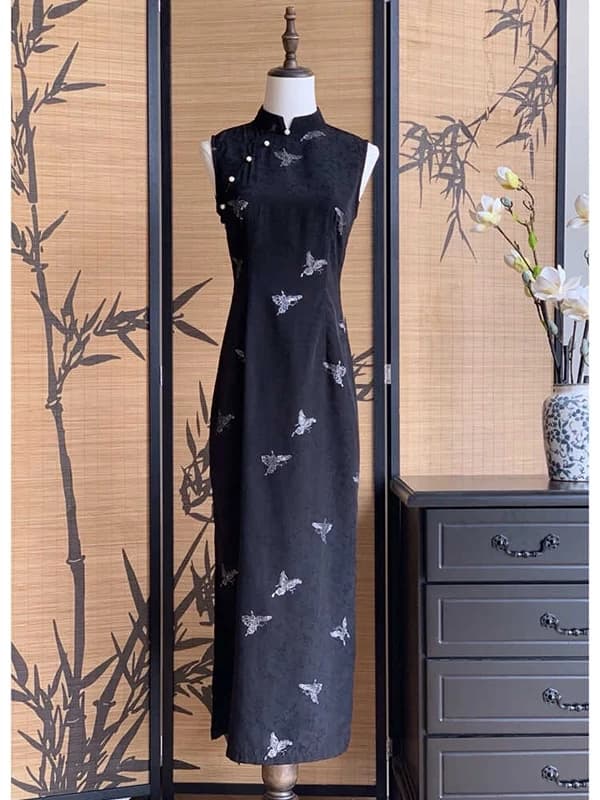 Abito Nero Ricamato per Ragazze, Nuovo Stile Cinese, Qipao Lungo Versione Giovane, Traspirante, Estivo, Alla Moda ed Elegante