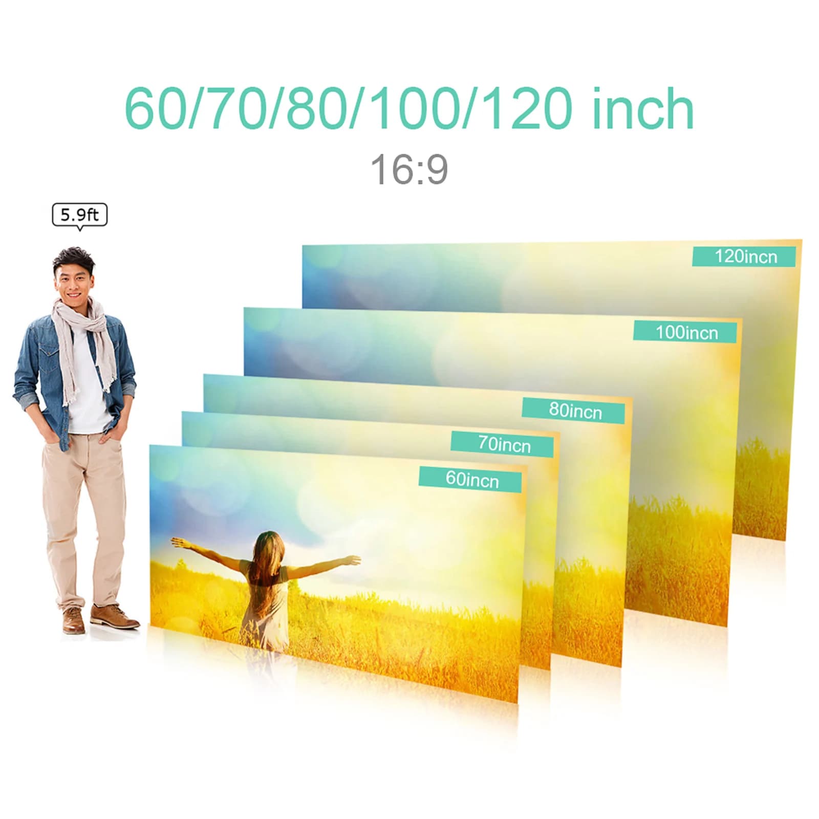 Schermo per proiettore portatile da 80 pollici HD 16:9, schermo per proiezione video senza cornice, pieghevole, montabile a parete per film Home Theater