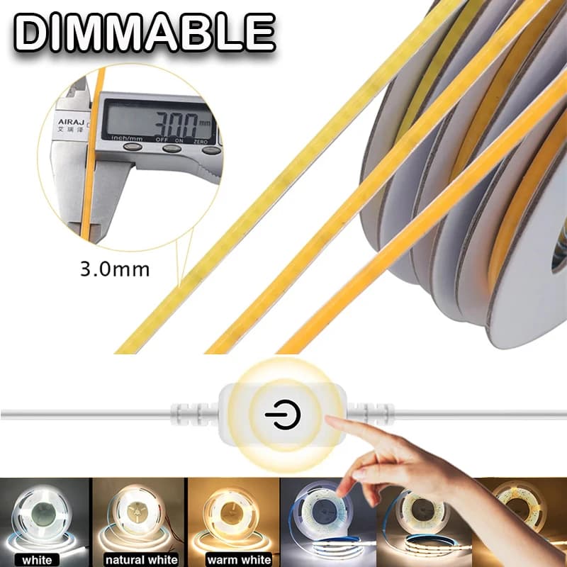 3mm Ultra Thin COB LED Strip with Touch Switch, Linear Lighting for DIY, Bedroom, Home Decor & TV Backlight