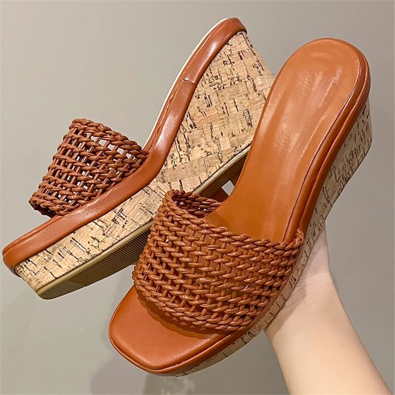 Eilyken Street Design Hollow Out Breathable Platform Wedges Woman Slippers Designer Wood Grain High Heels Shoes