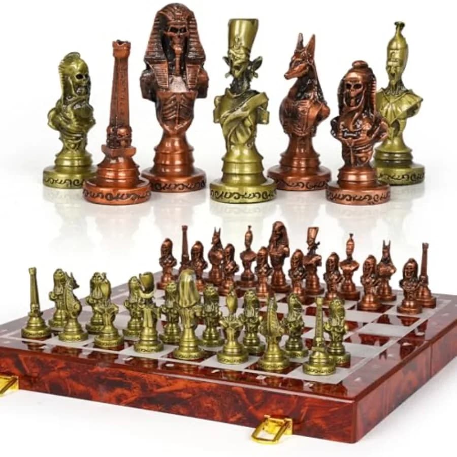 Grande Set di Scacchi Egiziano in Metallo per Adulti, Scacchiera Pieghevole in Legno da 15 Pollici, Pezzi in Bronzo Antico Dorato, Collezione di Lusso Vintage