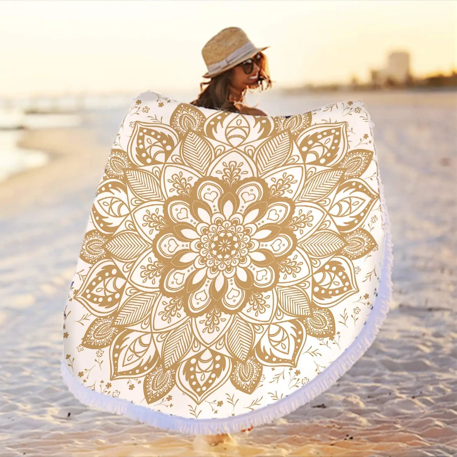 Coperta rotonda per telo mare Mandala giallo oro, microfibra morbida senza sabbia grande coperta da spiaggia assorbente d'acqua asciugamano per piscina