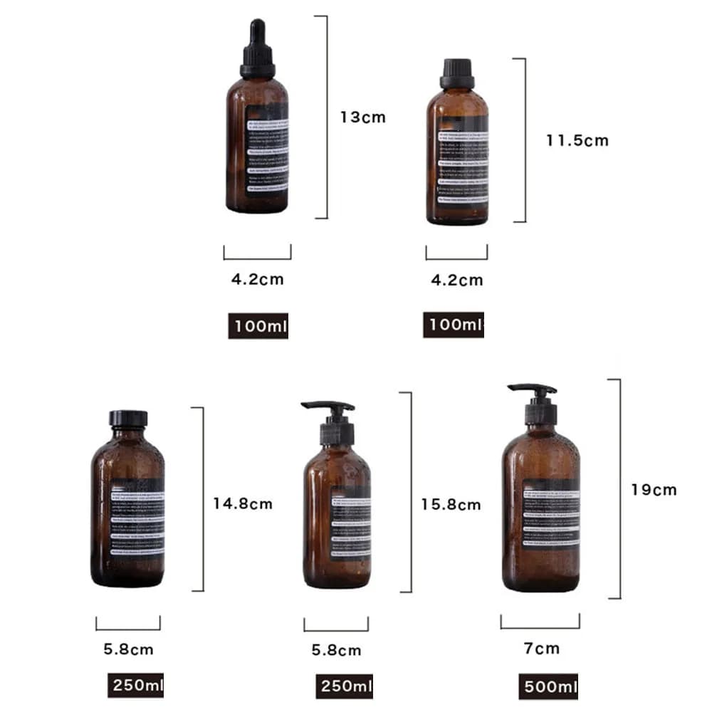 Bottiglia in Vetro Marrone per Conservazione, 100ml, Flacone Vuoto con Contagocce per Oli Essenziali, 250ml, 500ml, Dispenser per Sapone da Bagno per Shampoo e Gel Doccia