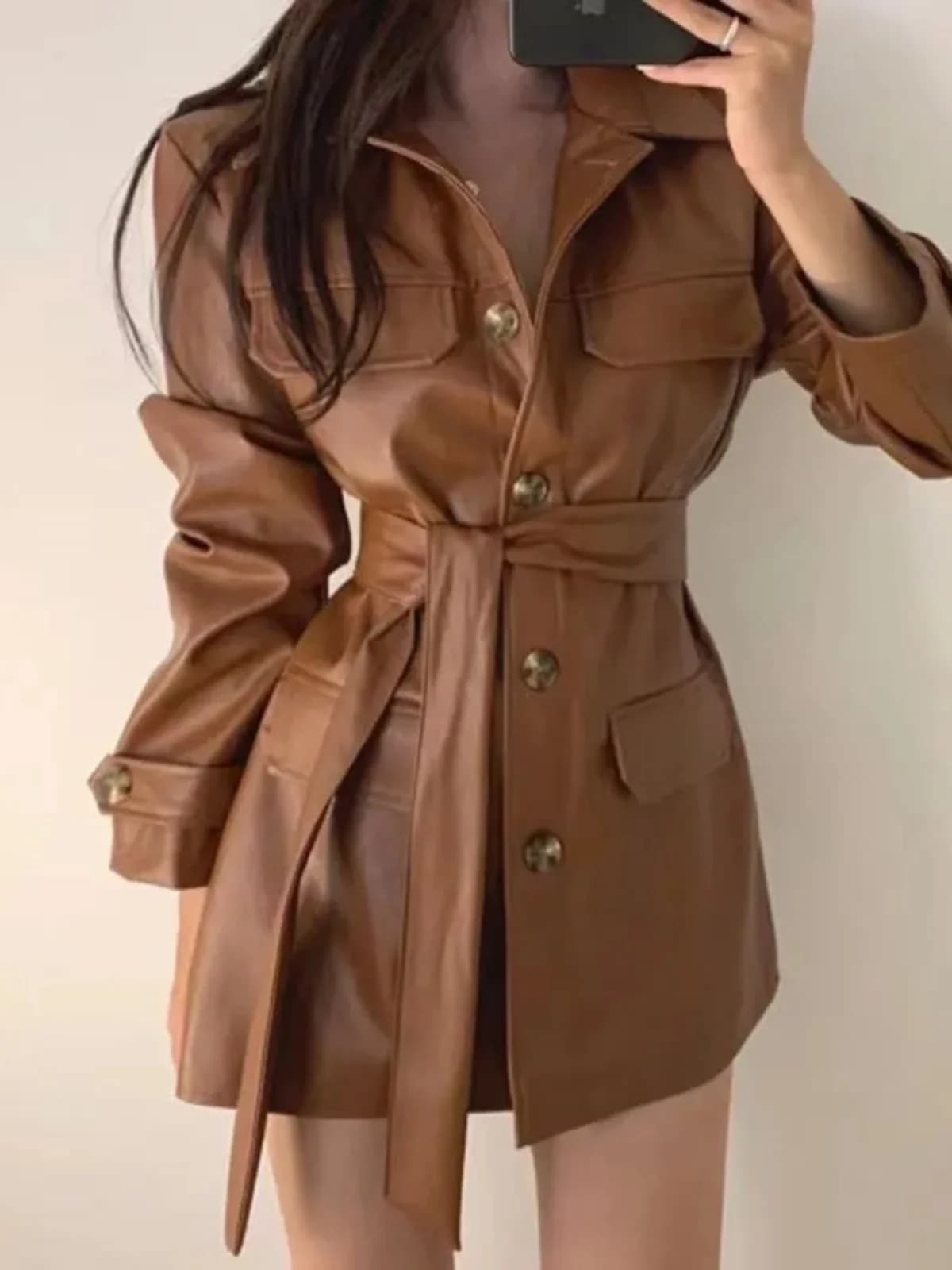 Giacca in Pelle da Donna Stile Coreano Chic, Gilet Modellante a Maniche Lunghe, Lunghezza Media, Elegante Capospalla Autunnale