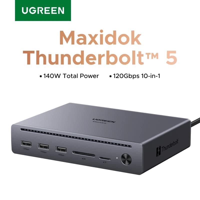 UGREEN Maxidok Thunderbolt 5 Docking Station 10-in-1 USB-C HUB 2xTBT5 140W 120Gbps 8K60Hz DP SD&TF Gigabit RJ45 per Laptop PC