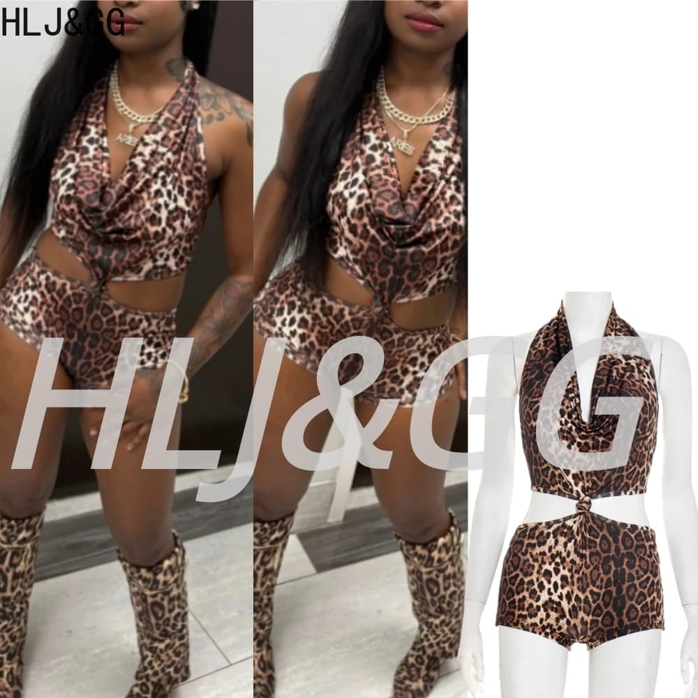 HLJ Moda Stampa leopardata Fasciatura con nodo cavo Pagliaccetti interi Donna Halter Profondo scollo a V Senza maniche Backless Tuta sottile Streetwear