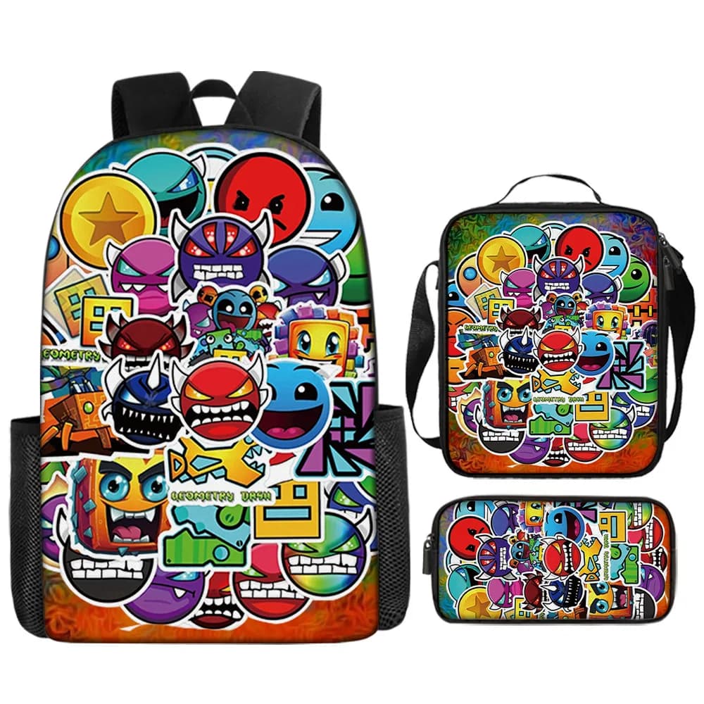 Popular Youthful Funny Cool Geometry Dash 3D Print 3pcs/Set Student Travel bags Laptop Daypack Backpack Lunch Bag Pencil Case