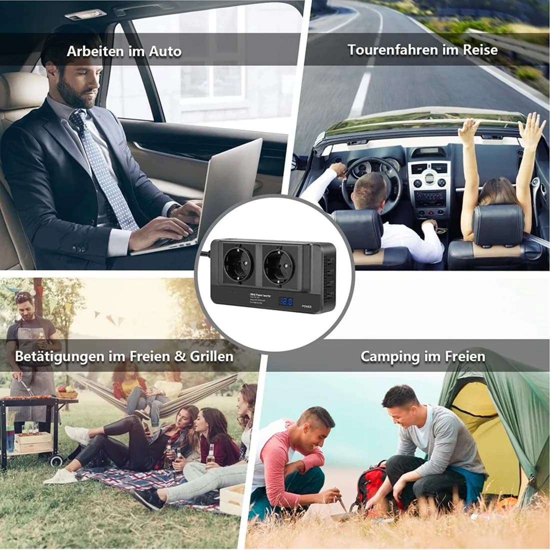 AT92-200W Car Inverter, Voltage Converter 12V To 220V With Smart Time Display LCD, 2 Sockets And 4 USB Car Chargers (EU Plug)