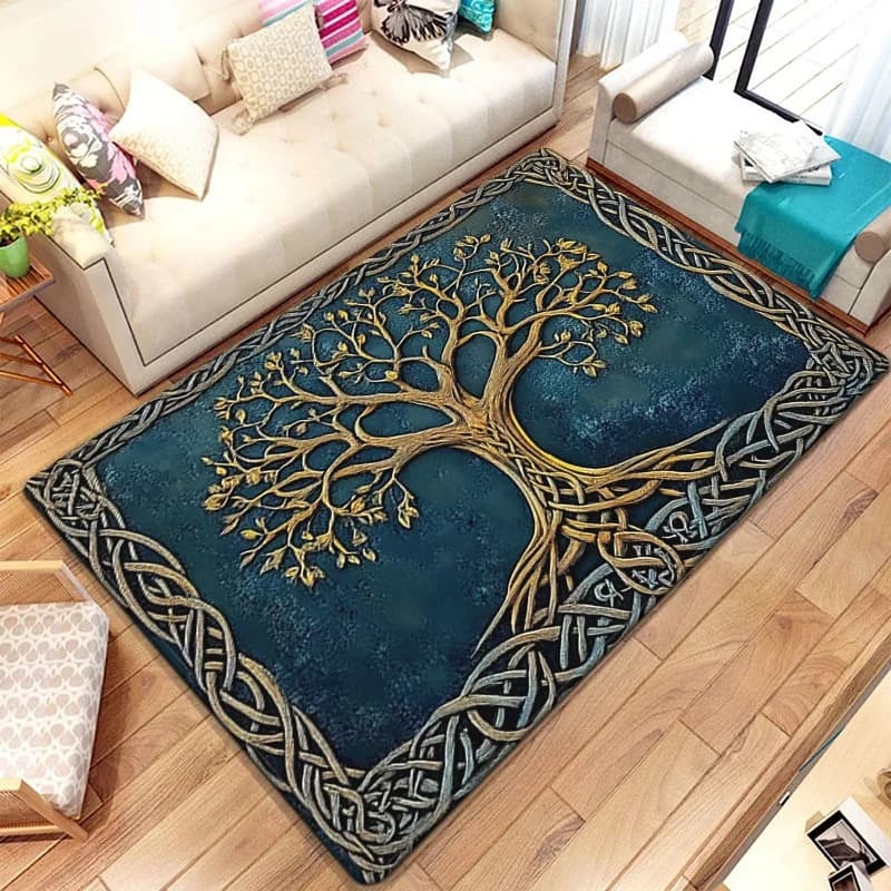 Boho Gold Tree Pattern Area Rug Living Room Decor Blue Ornate Tapestry Floor Mat Bohemian Nature Style Accent Rug