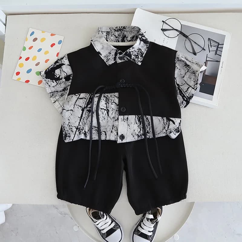 Nuovi Completi Estivi per Bambini: Camicie a Maniche Corte con Stampa Integrale e Colletto a Risvolto + Pantaloncini, Set Moda Cinese per Bambini