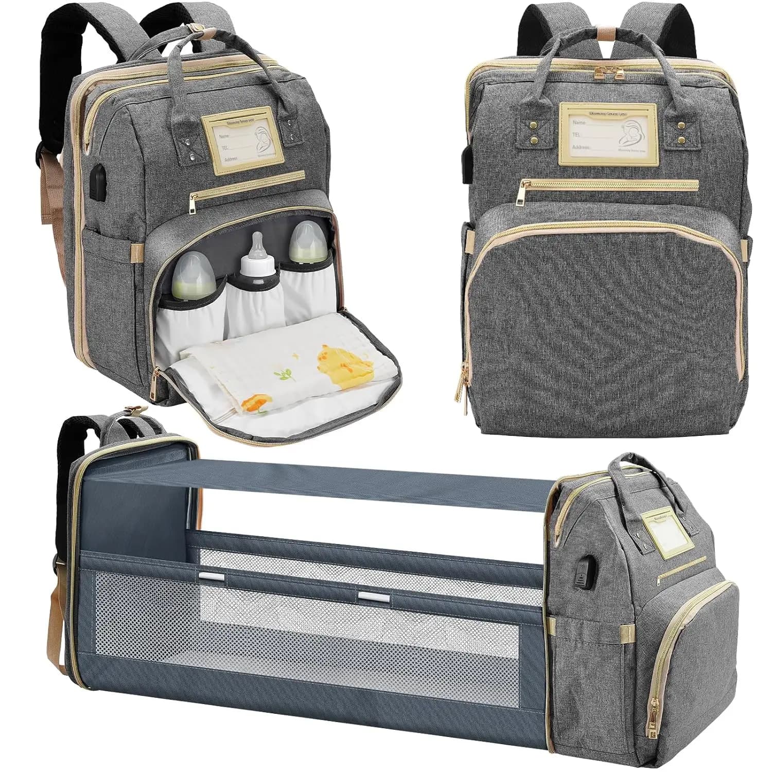 Zaino per pannolini grande con stazione fasciatoio e porta USB, borsa per bambini impermeabile per viaggi e uso quotidiano