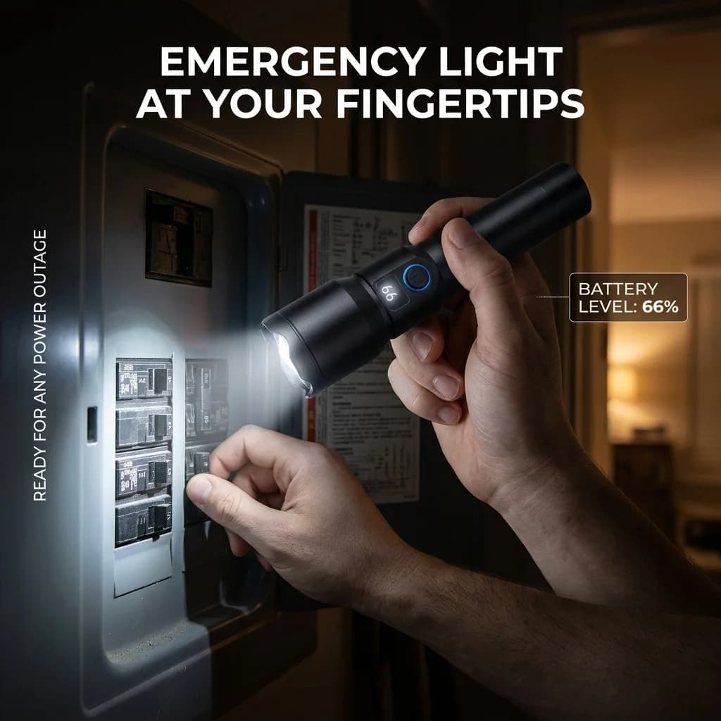 Torcia zoomabile ricaricabile con corda per appendere, utilizzabile come power bank di emergenza per illuminare la torcia