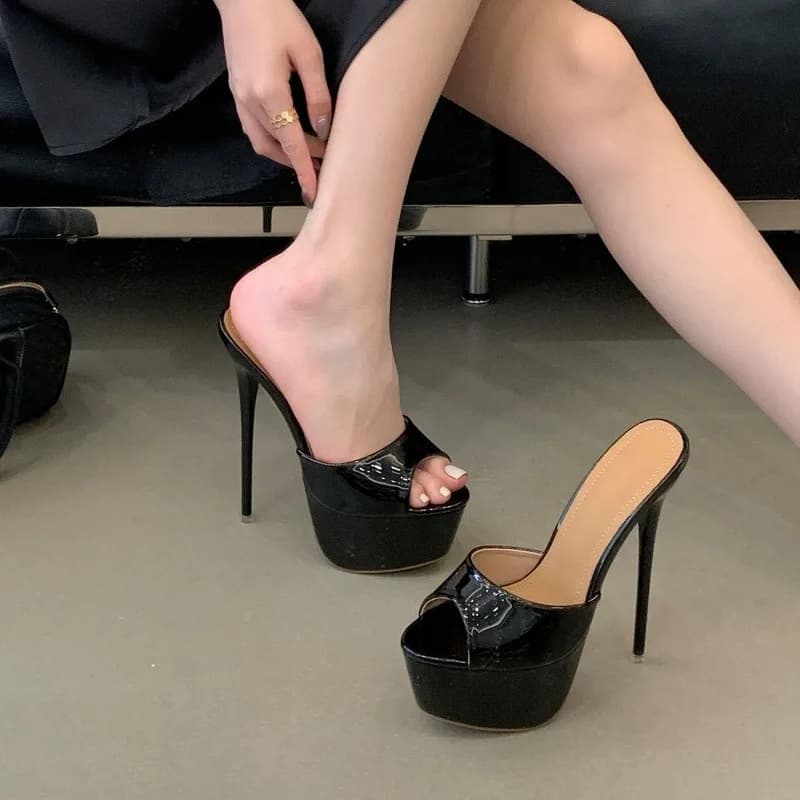 16cm Super High Heel Womens Sandals Fashion Patent Leather Thin Hight Heel Sandals Summer Platform One-word Drag Large Size35-46