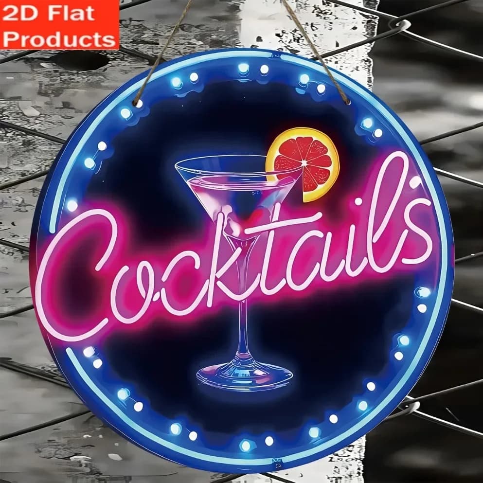 Insegna in Metallo Rotonda Stile Neon con Cocktail e Bicchieri da Martini, Decorazione da Parete per Bar, Pub, Casa e Feste