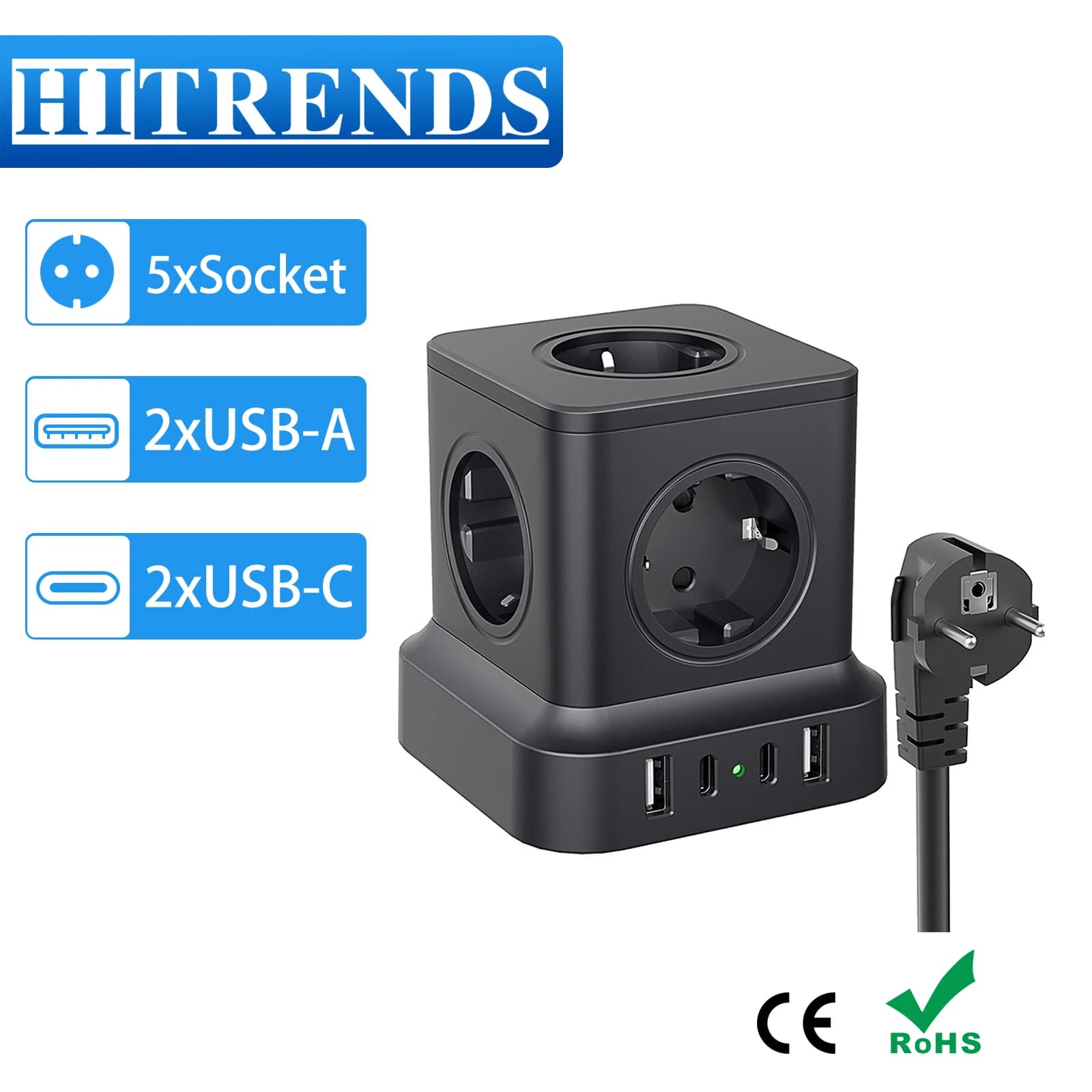Quick charging station for European multi-table tower with 2 USB-C 2 USB-A, overvoltage protection for power socket with 1.8 m cable